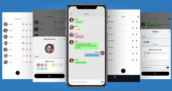 FilmFone Chat mobile application screens on iOS and Android